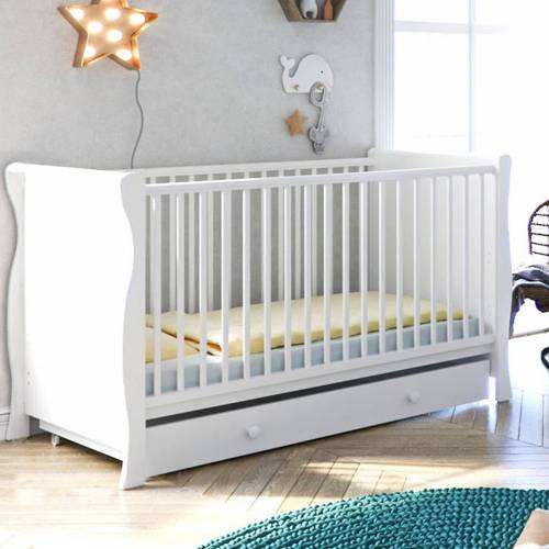 Bild von Little Acorns Sleigh Cot Bed With Deluxe Foam Mattress & Drawer – White